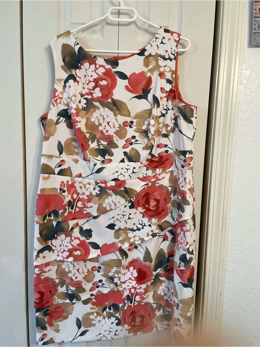 dressbarn Sleeveless Floral Midi Dress in White, Red and Brown